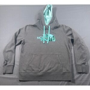 The North Face Womens Gray Teal Forest Logo Pullover Hoodie Sweatshirt Large